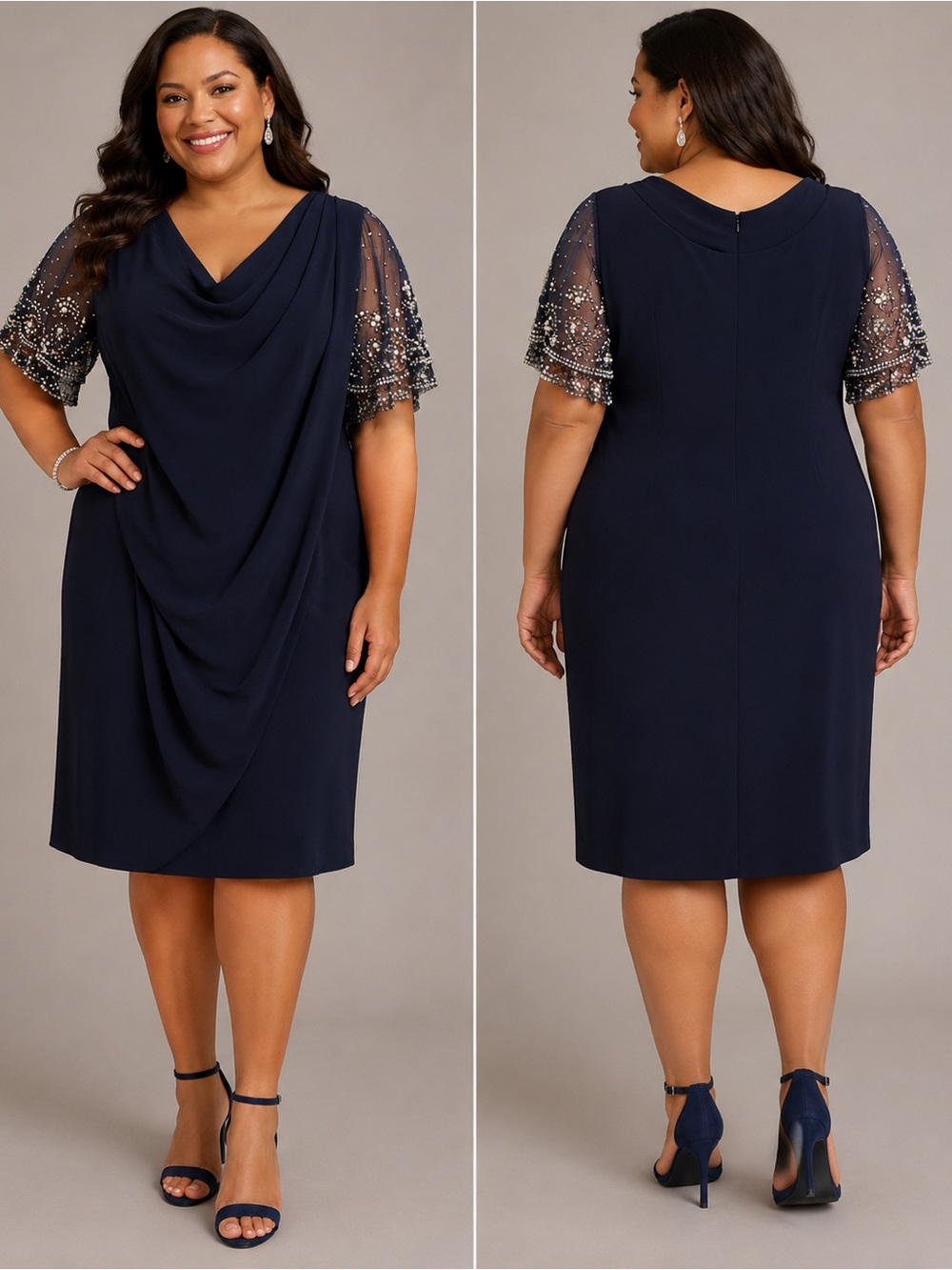 Betsy & Adam Navy Embellished Sleeve Sheath Dress Size 22W NWT Pearl Beaded